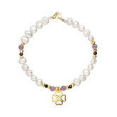 Pulsera Mujer Plata 925 Carisma Trebol Bano Oro Amatista / Perla Gris Spinel